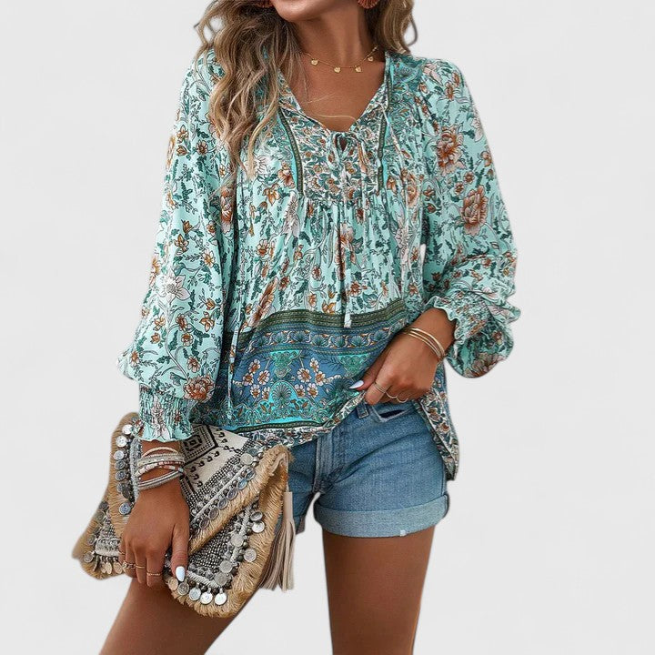 Alexandra Boho V-Neck Lace-Up Smocked Blouse Paisley Print