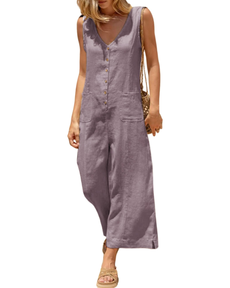Brianna Linen Wide-Leg V-Neck Button Jumpsuit with Pockets