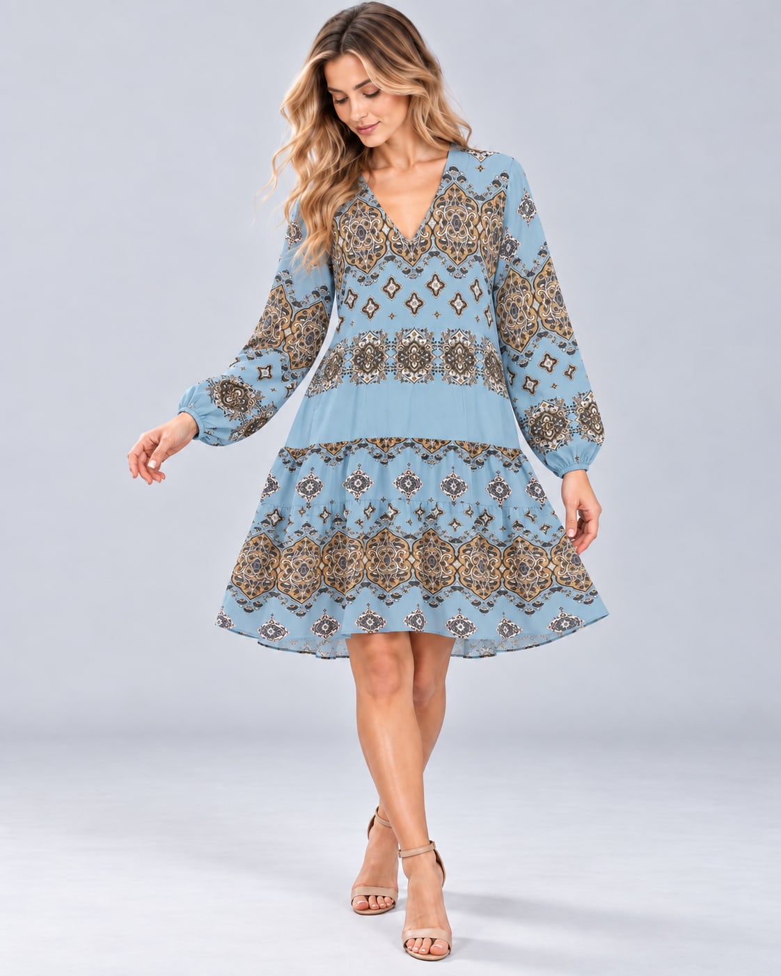 Ashlyn Boho Print V-Neck Puff Sleeve Tiered Midi Dress_2