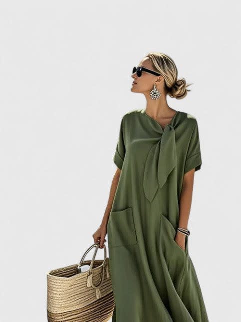 Erin Maxi Shift Dress with Tie Neckline and Pockets_5