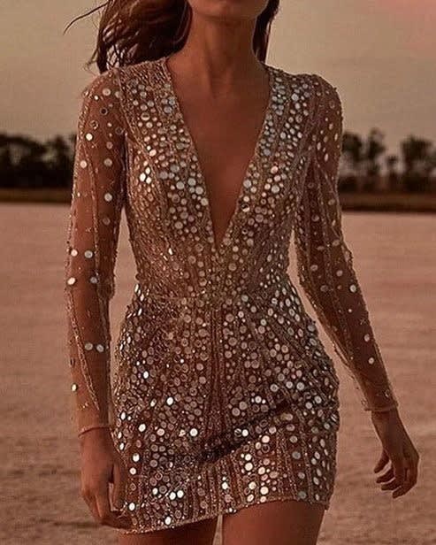 Natasha Long Sleeve Sequin V-Neck Party Mini Dress_3