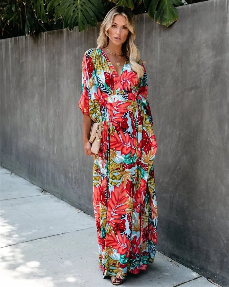 Kylie Wedding Guest Wrap V-Neck Tropical Print Maxi Dress_5