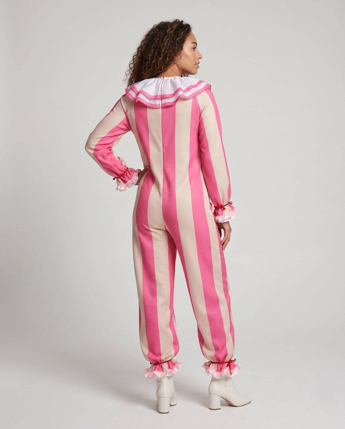 Kathy Pink Striped Clown Costume Jumpsuit with Ruffle Collar_3