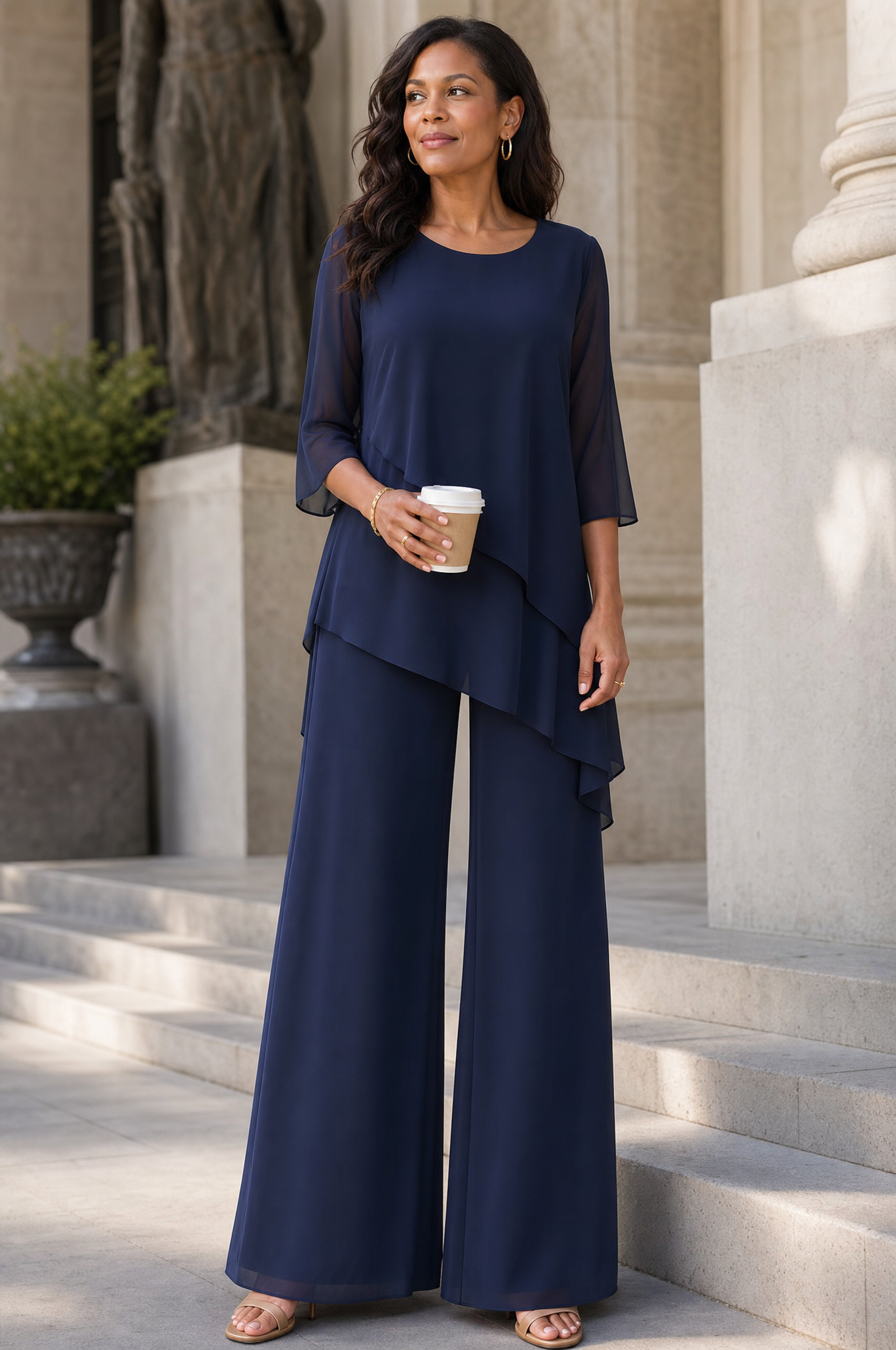 Amalie Layered Chiffon Tunic and Wide Leg Pants Set