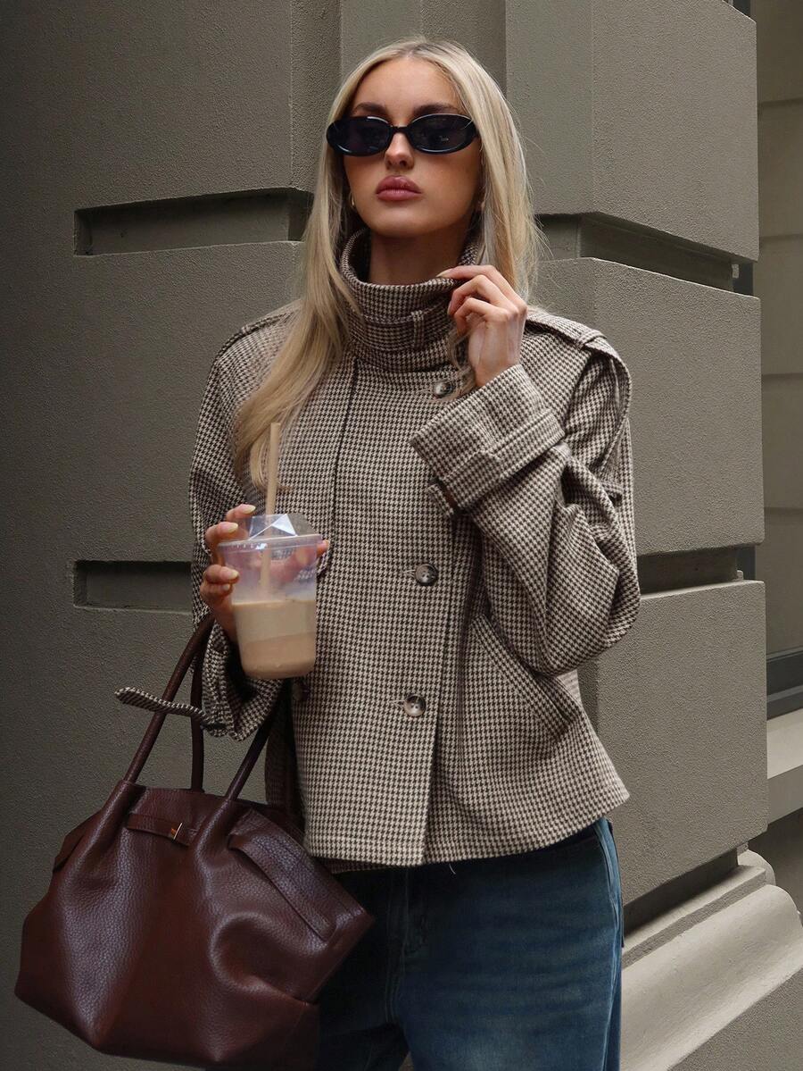 Pandora Houndstooth Funnel Neck Jacket