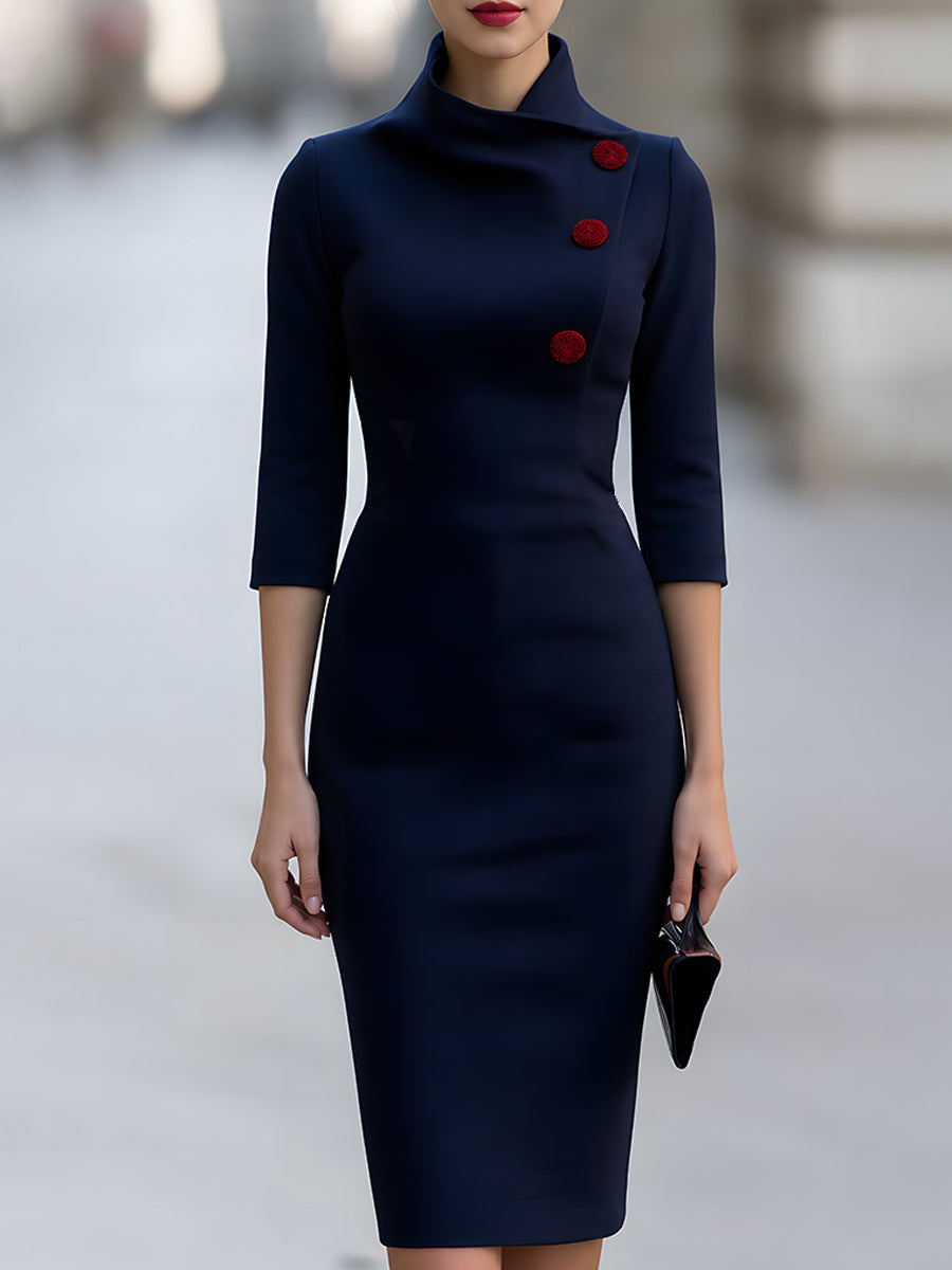 Olive High Neck Button Pencil Dress_1