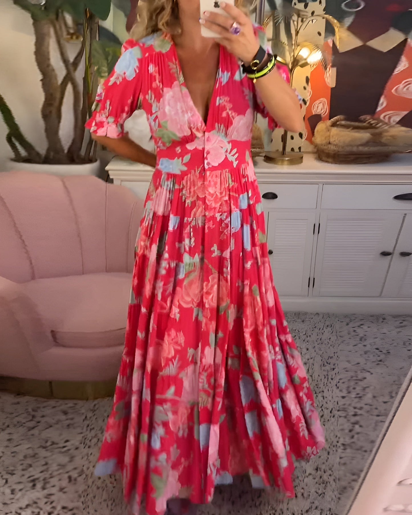 Violet Floral V-Neck Midi Dress With Pockets