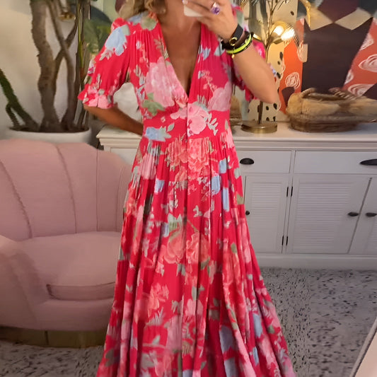 Violet Floral V-Neck Midi Dress With Pockets