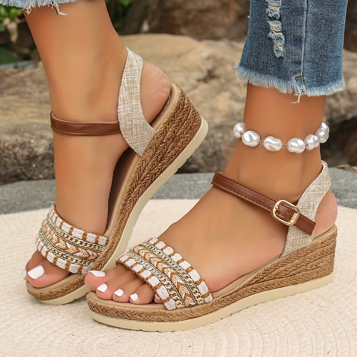 Madison Boho Woven Wedge Sandals Summer Cushioned
