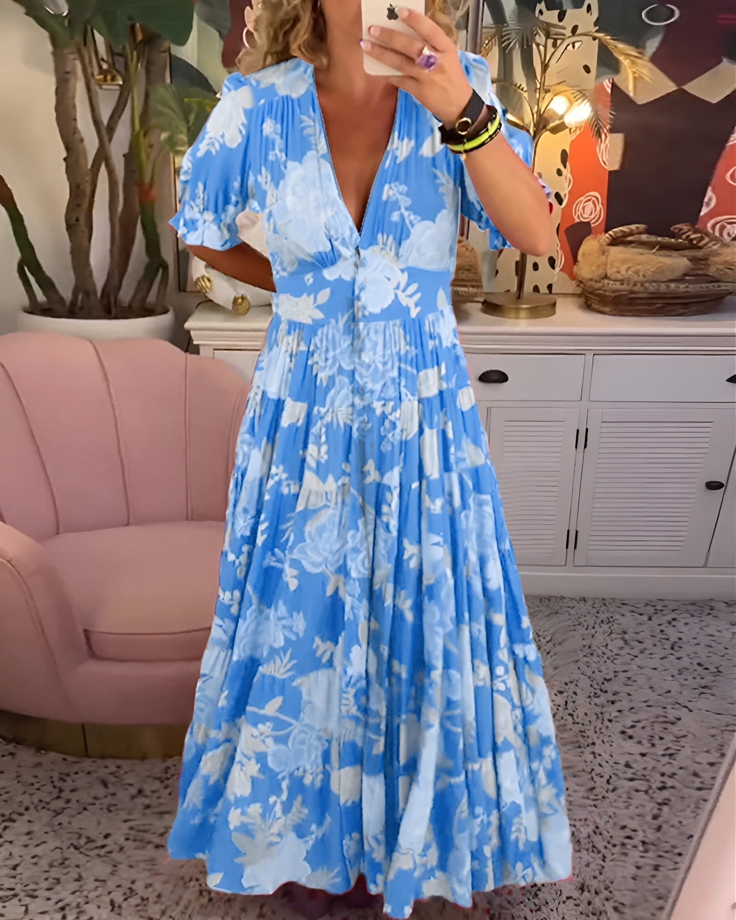 Violet Floral V-Neck Midi Dress With Pockets