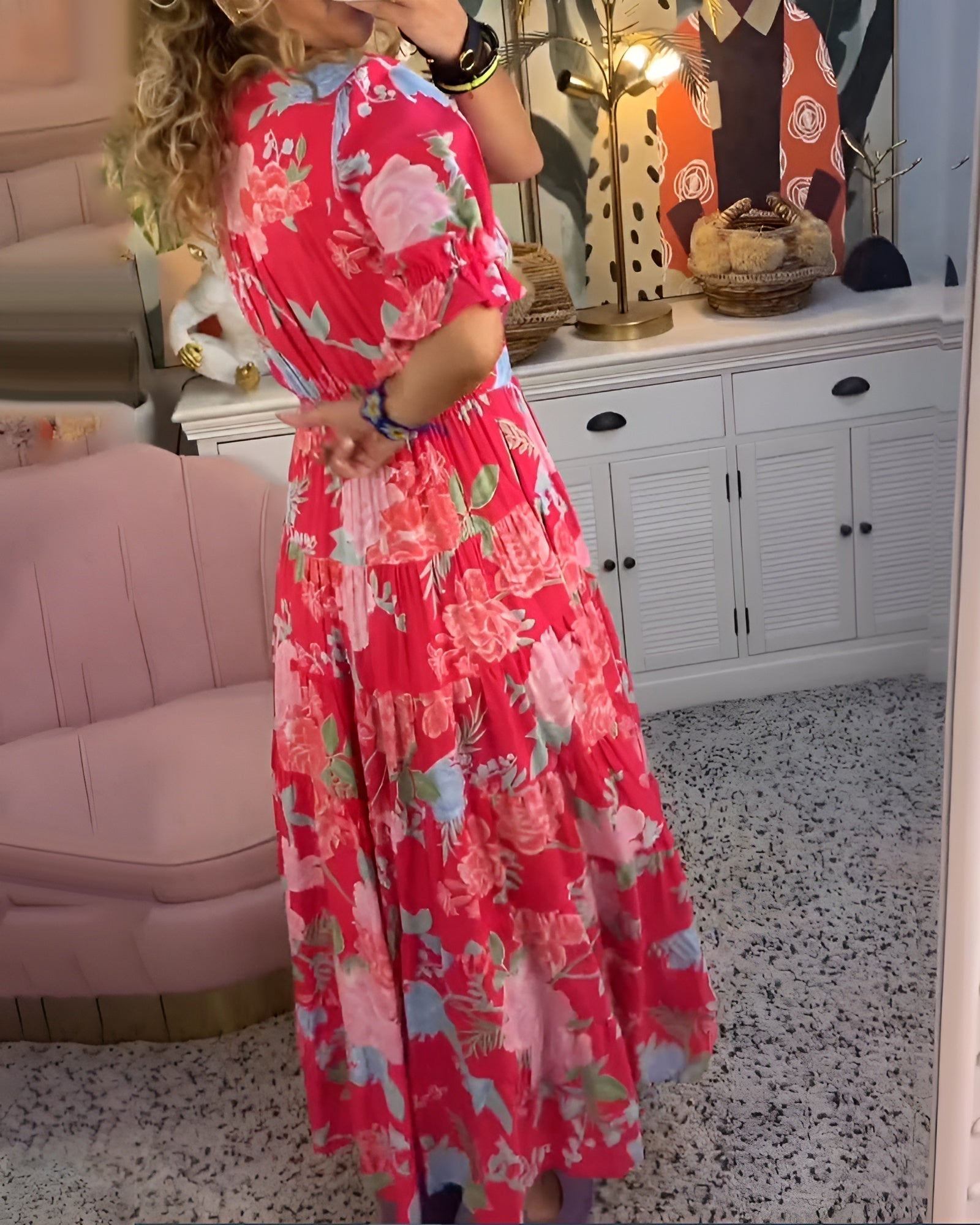 Violet Floral V-Neck Midi Dress With Pockets