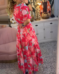 Violet Floral V-Neck Midi Dress With Pockets