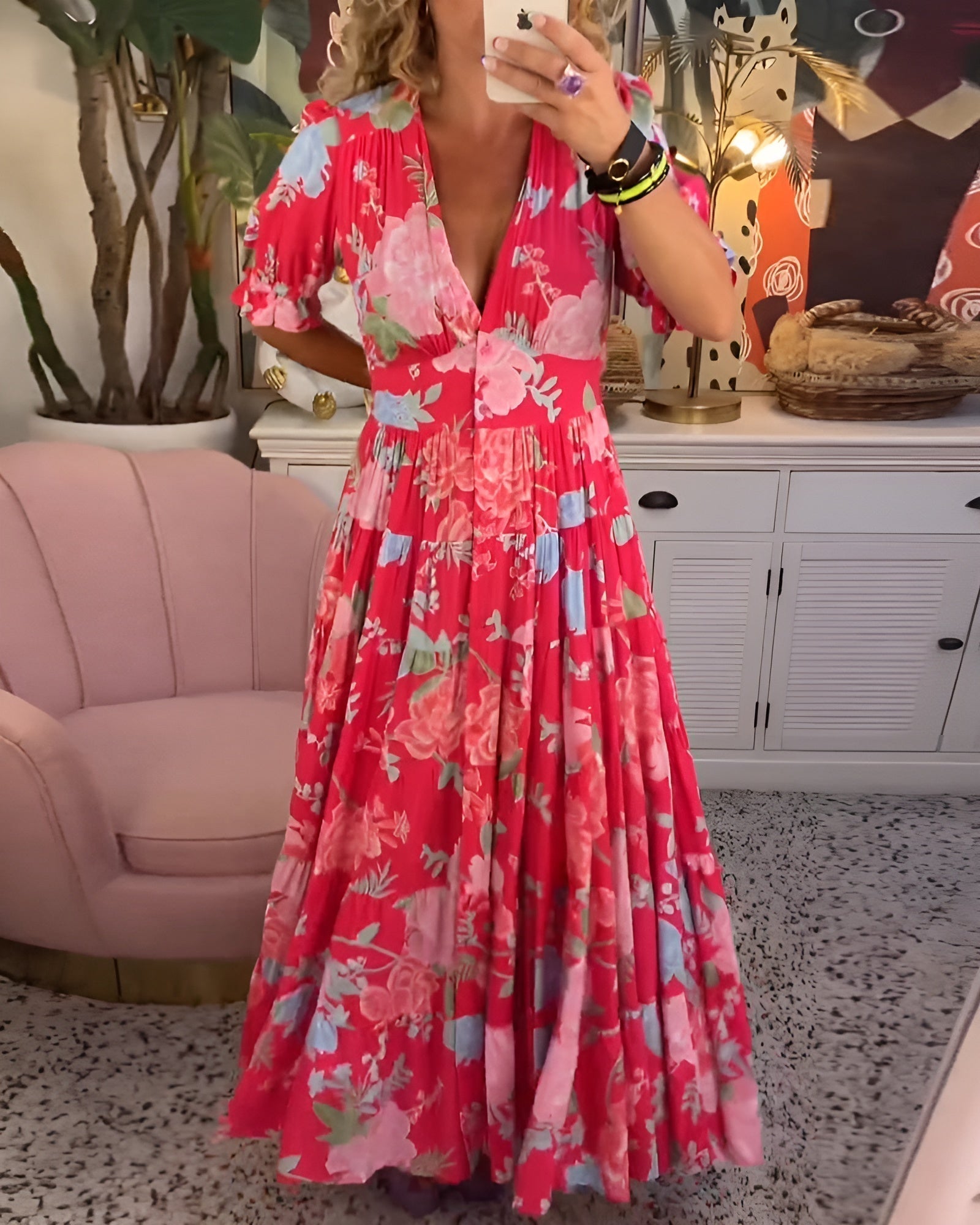 Violet Floral V-Neck Midi Dress With Pockets