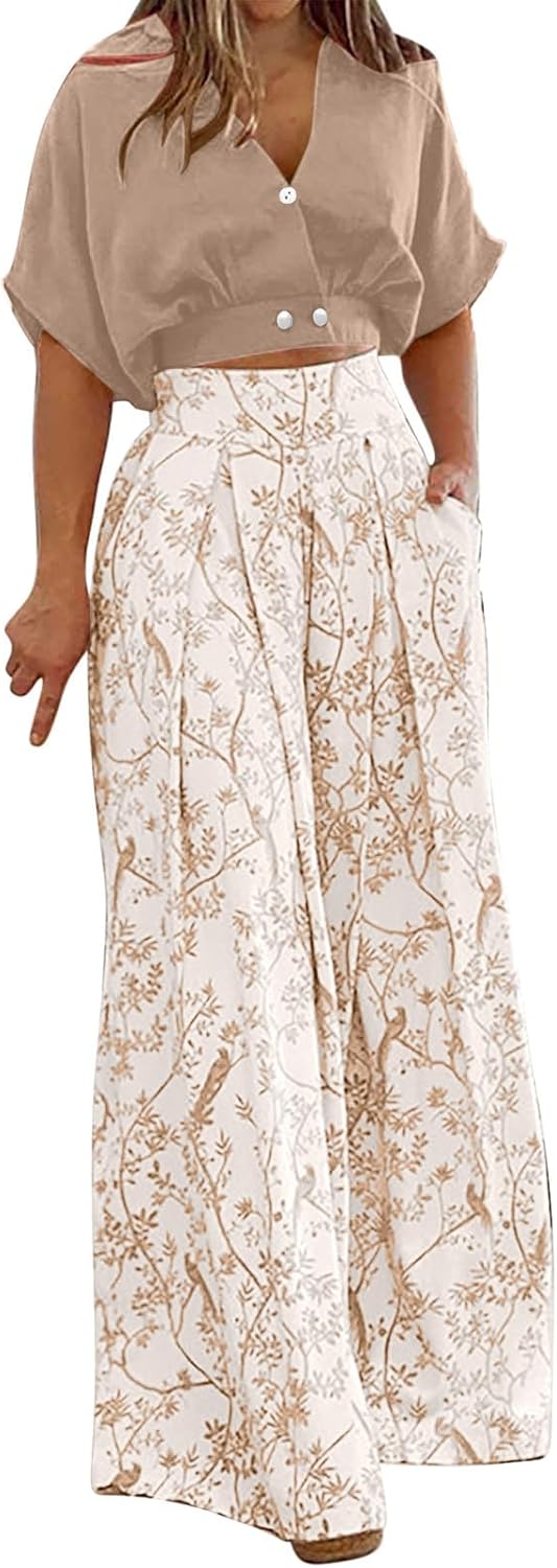 Alexis V-Neck Blouse Wide-Leg Two-Piece Set Linen Look