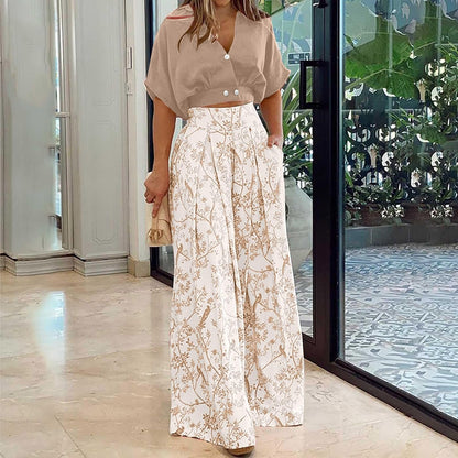 Alexis V-Neck Blouse Wide-Leg Two-Piece Set Linen Look