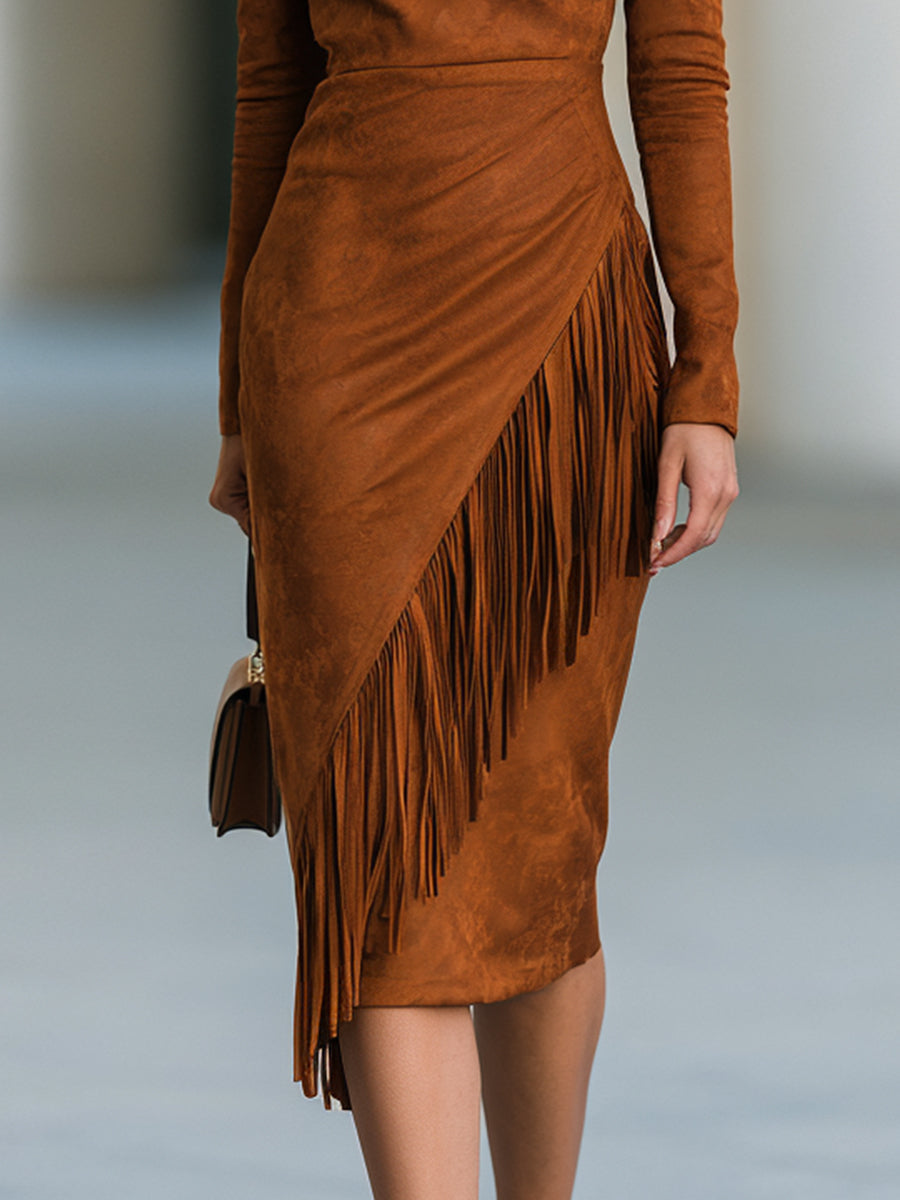 Nerys Faux Suede Fringe Midi Dress