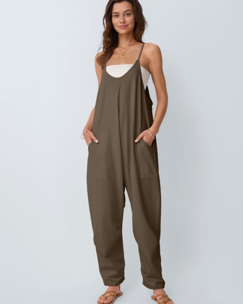 Nicole Nelson Spaghetti Strap Wide Leg Jumpsuit V-Neck Side Pockets