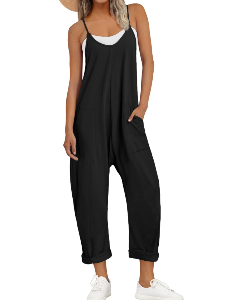 Nicole Nelson Spaghetti Strap Wide Leg Jumpsuit V-Neck Side Pockets