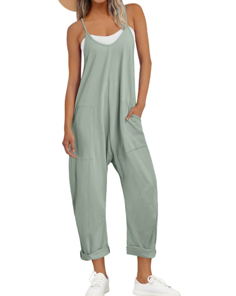 Nicole Nelson Spaghetti Strap Wide Leg Jumpsuit V-Neck Side Pockets