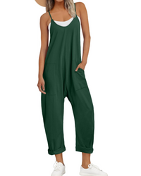 Nicole Nelson Spaghetti Strap Wide Leg Jumpsuit V-Neck Side Pockets
