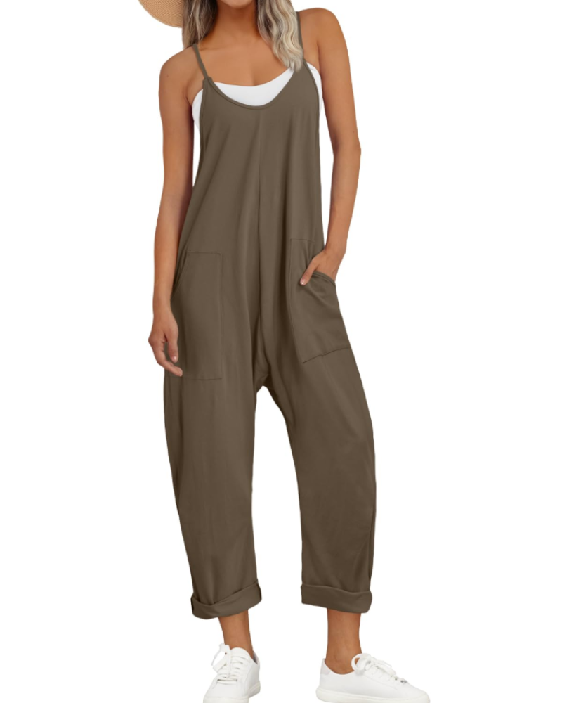 Nicole Nelson Spaghetti Strap Wide Leg Jumpsuit V-Neck Side Pockets
