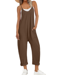 Nicole Nelson Spaghetti Strap Wide Leg Jumpsuit V-Neck Side Pockets