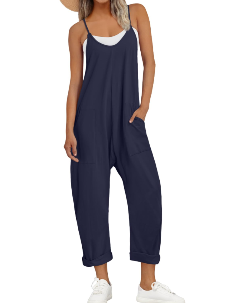 Nicole Nelson Spaghetti Strap Wide Leg Jumpsuit V-Neck Side Pockets