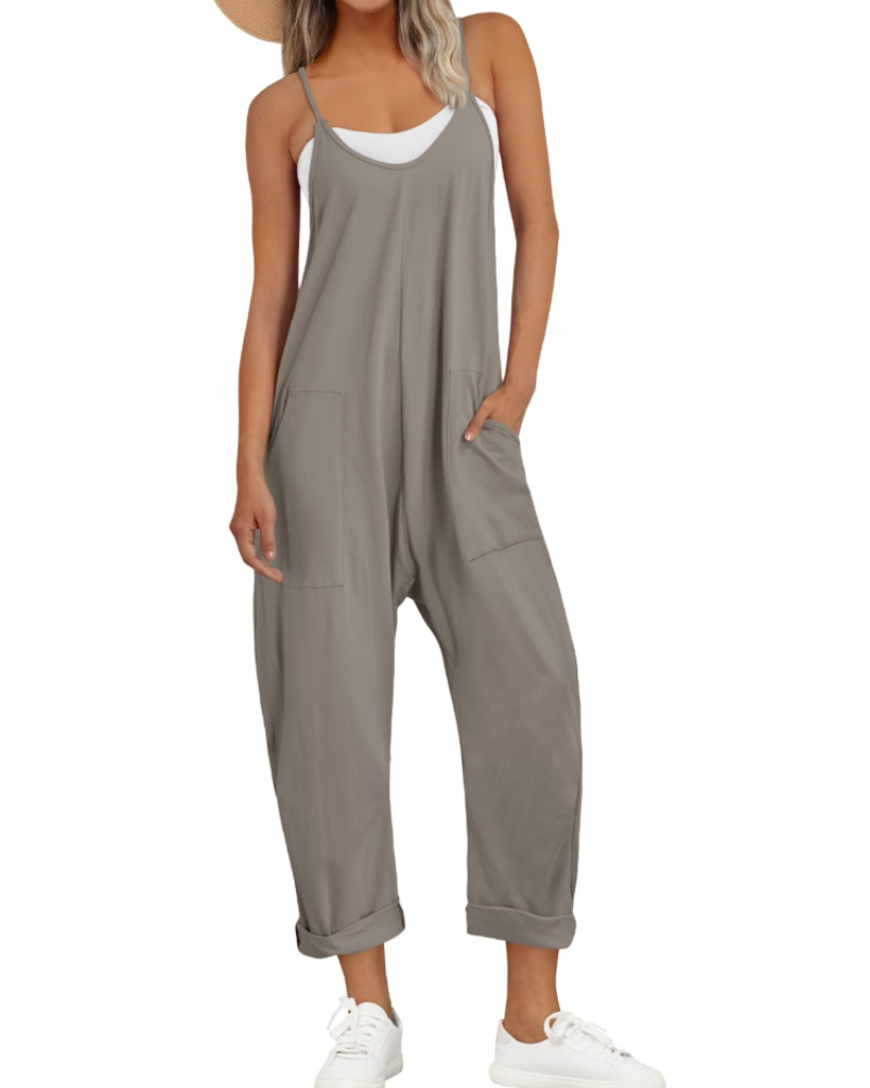Nicole Nelson Spaghetti Strap Wide Leg Jumpsuit V-Neck Side Pockets