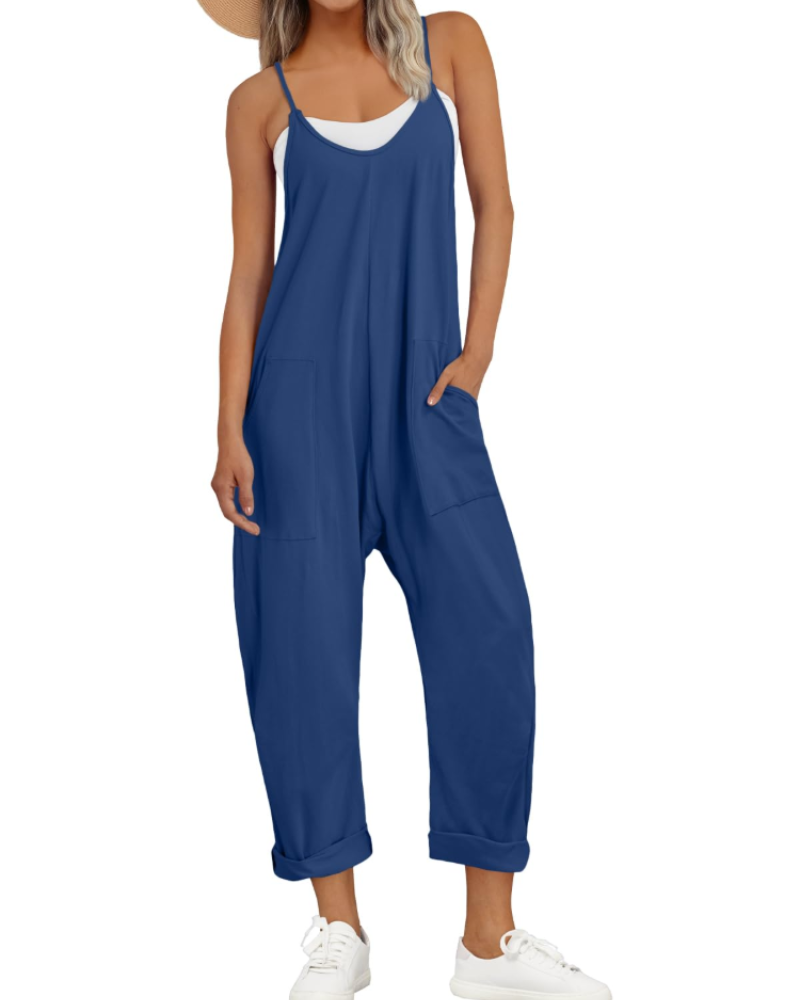 Nicole Nelson Spaghetti Strap Wide Leg Jumpsuit V-Neck Side Pockets