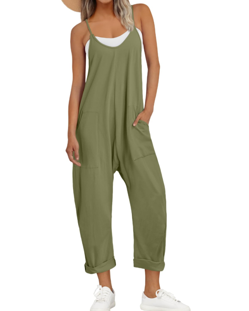 Nicole Nelson Spaghetti Strap Wide Leg Jumpsuit V-Neck Side Pockets