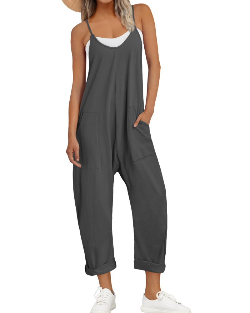 Nicole Nelson Spaghetti Strap Wide Leg Jumpsuit V-Neck Side Pockets