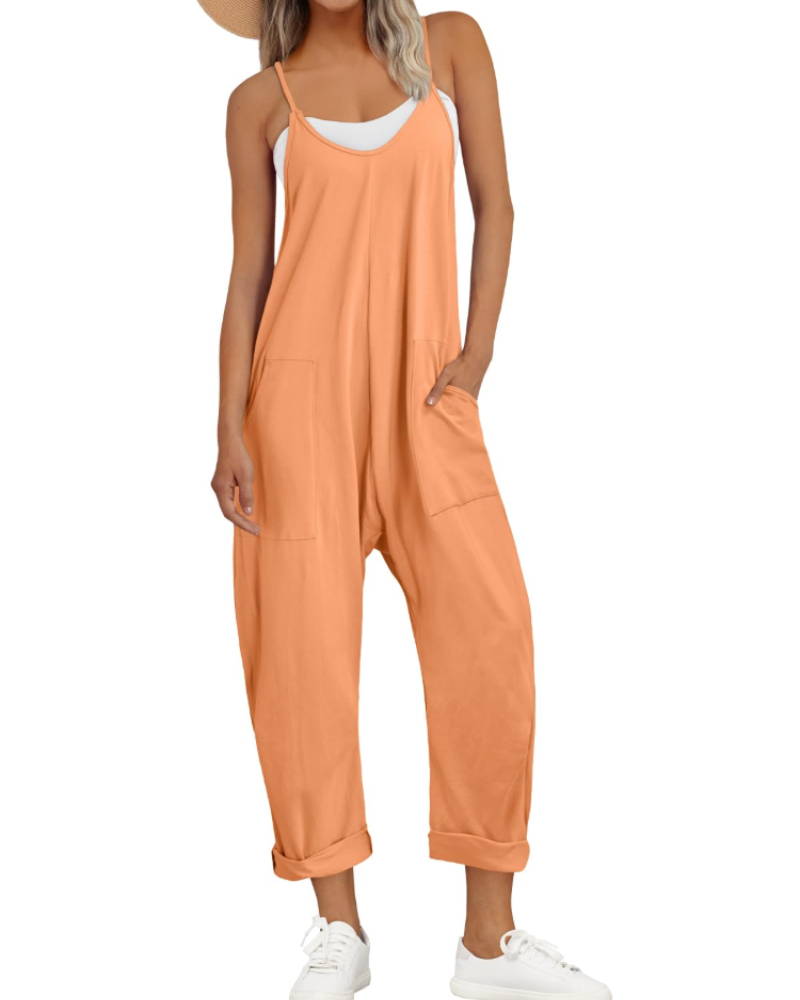 Nicole Nelson Spaghetti Strap Wide Leg Jumpsuit V-Neck Side Pockets