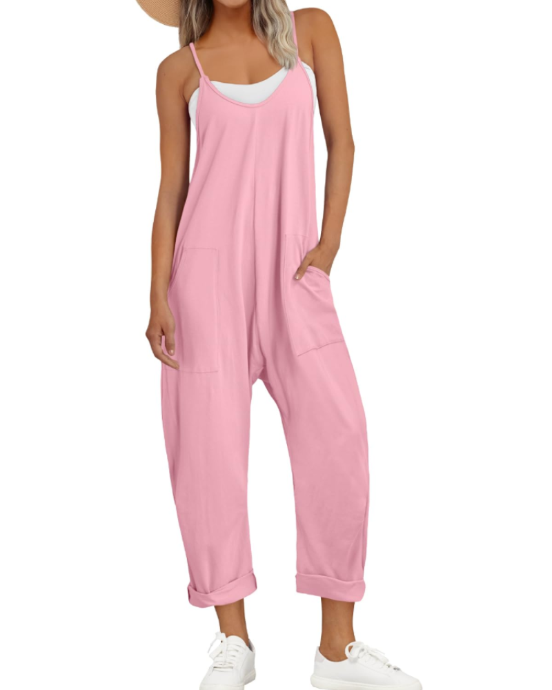 Nicole Nelson Spaghetti Strap Wide Leg Jumpsuit V-Neck Side Pockets