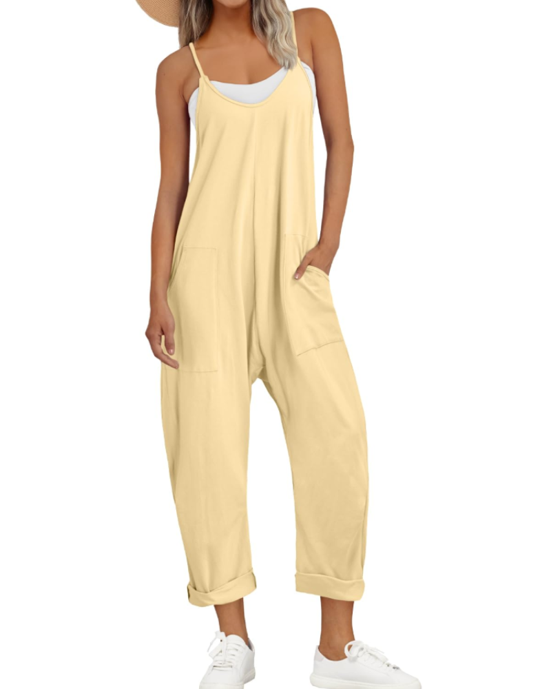 Nicole Nelson Spaghetti Strap Wide Leg Jumpsuit V-Neck Side Pockets
