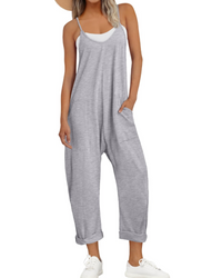 Nicole Nelson Spaghetti Strap Wide Leg Jumpsuit V-Neck Side Pockets