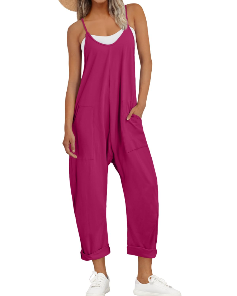 Nicole Nelson Spaghetti Strap Wide Leg Jumpsuit V-Neck Side Pockets