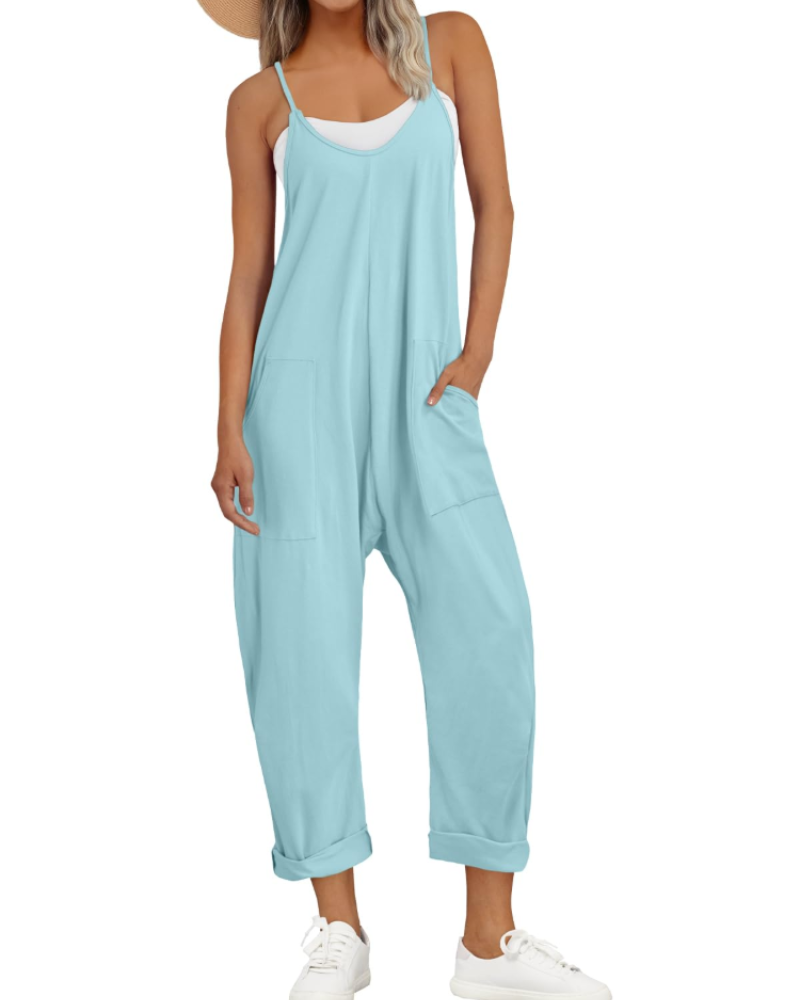 Nicole Nelson Spaghetti Strap Wide Leg Jumpsuit V-Neck Side Pockets