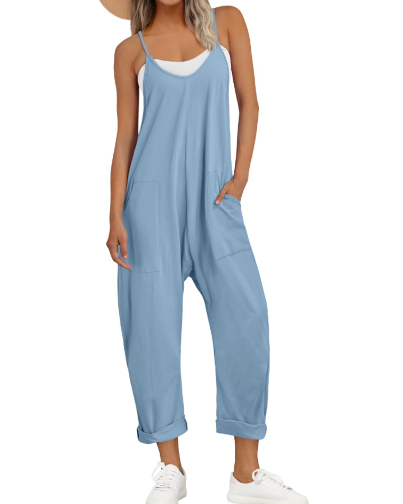 Nicole Nelson Spaghetti Strap Wide Leg Jumpsuit V-Neck Side Pockets