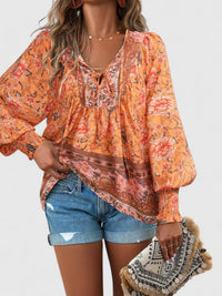 Alexandra Boho V-Neck Lace-Up Smocked Blouse Paisley Print
