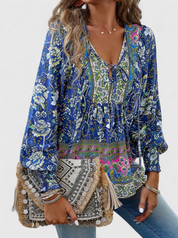 Alexandra Boho V-Neck Lace-Up Smocked Blouse Paisley Print