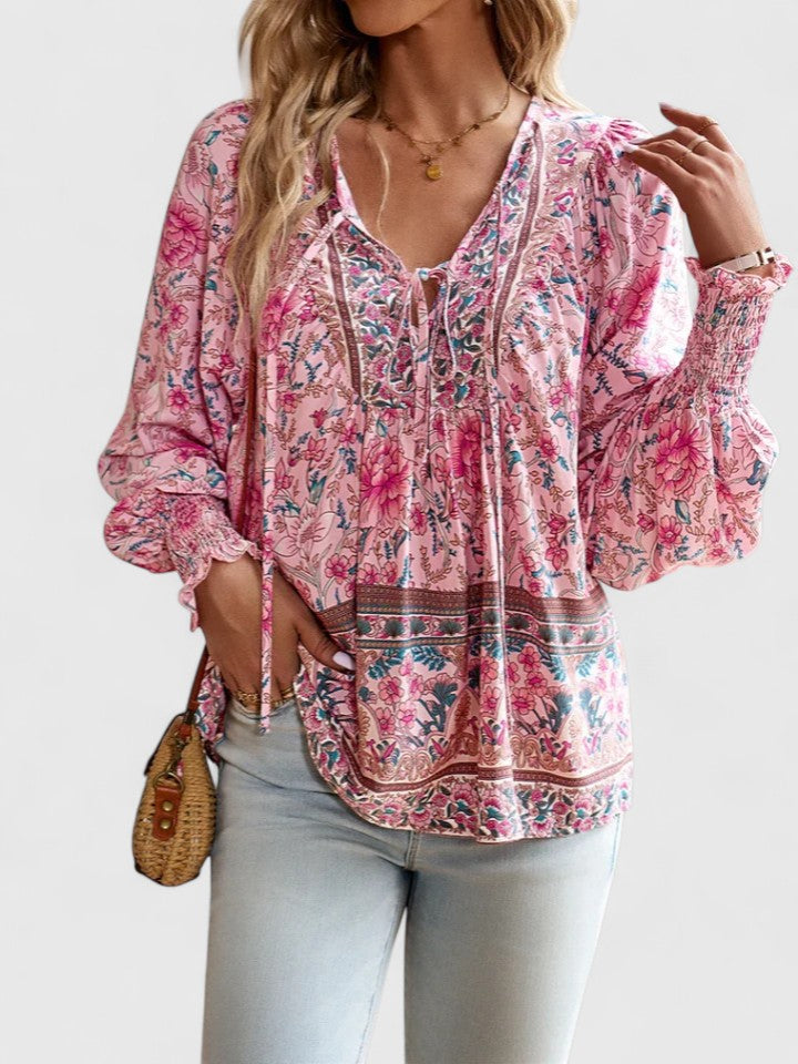 Alexandra Boho V-Neck Lace-Up Smocked Blouse Paisley Print