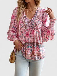 Alexandra Boho V-Neck Lace-Up Smocked Blouse Paisley Print