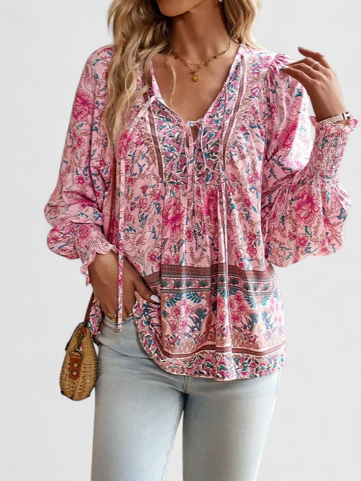Alexandra Boho V-Neck Lace-Up Smocked Blouse Paisley Print
