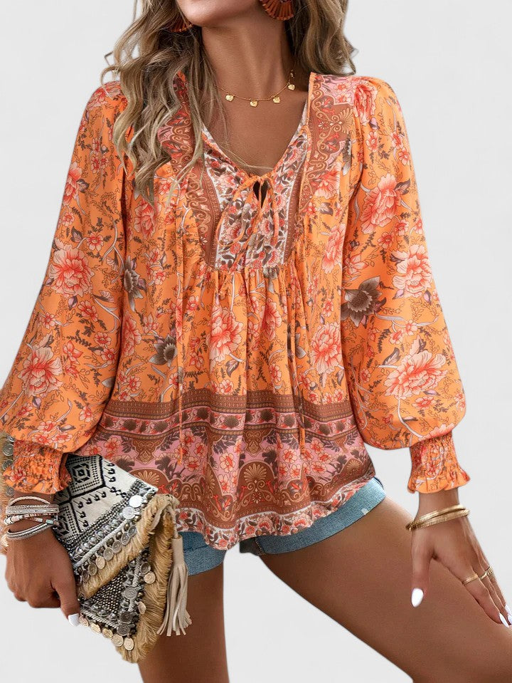 Alexandra Boho V-Neck Lace-Up Smocked Blouse Paisley Print