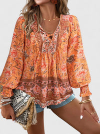 Alexandra Boho V-Neck Lace-Up Smocked Blouse Paisley Print