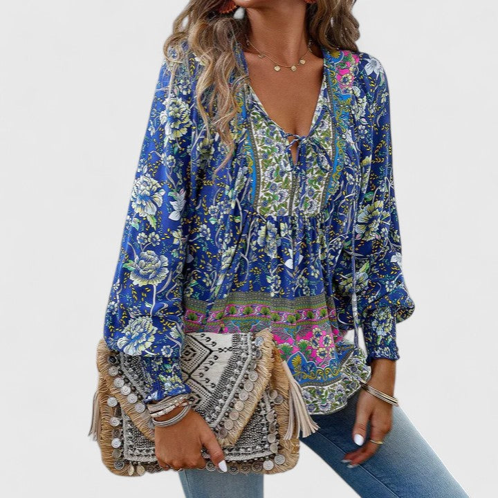 Alexandra Boho V-Neck Lace-Up Smocked Blouse Paisley Print
