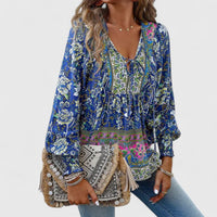 Alexandra Boho V-Neck Lace-Up Smocked Blouse Paisley Print