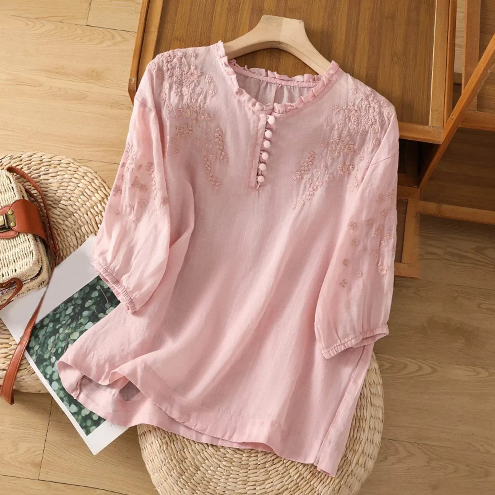 Daniela Brooks Floral Embroidered Button-Front Blouse
