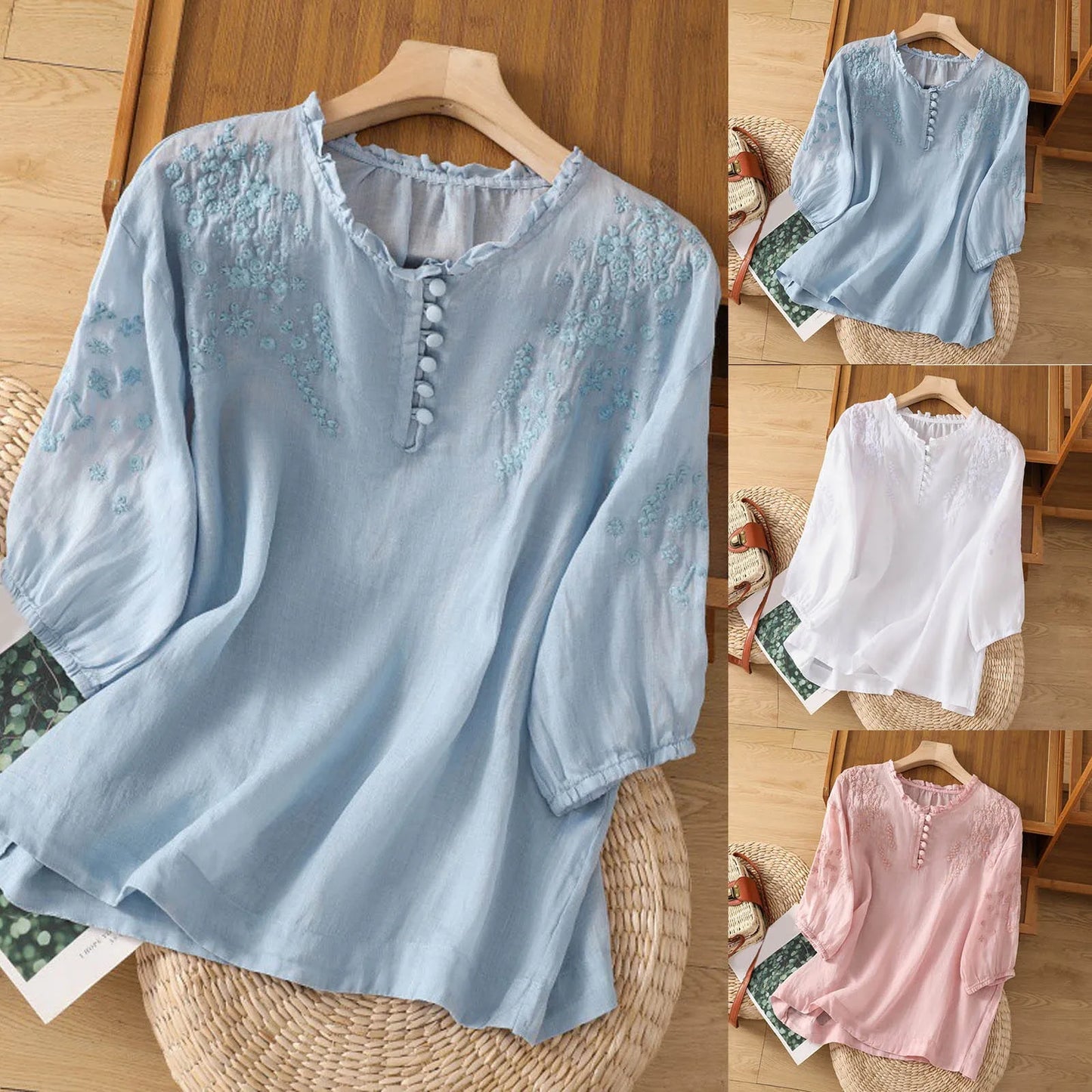 Daniela Brooks Floral Embroidered Button-Front Blouse