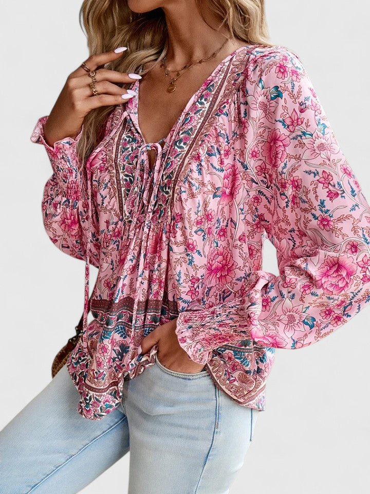 Alexandra Boho V-Neck Lace-Up Smocked Blouse Paisley Print